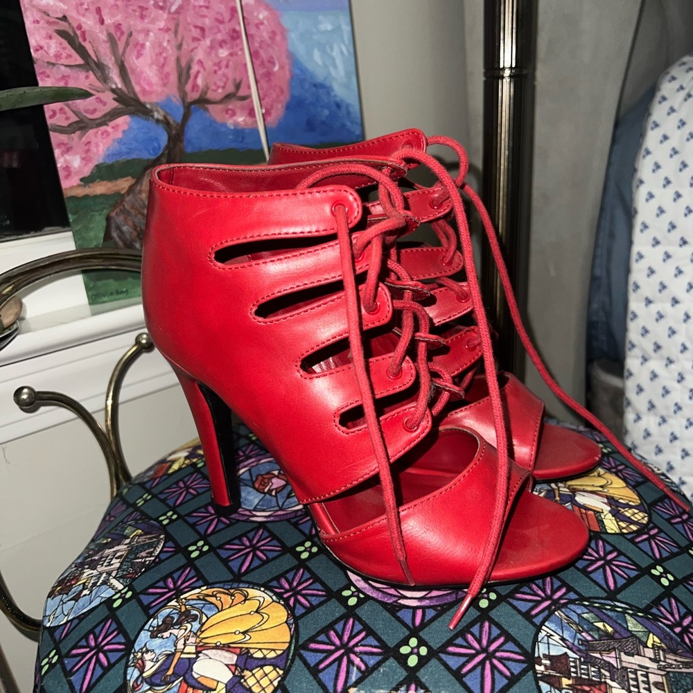 Red Lace-Up Heeled Sandals